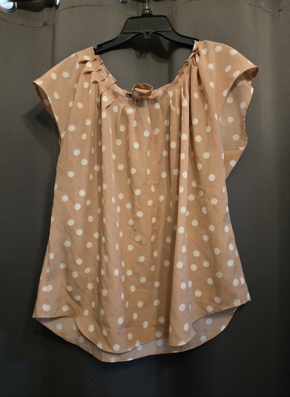 LC Lauren Conrad XL Tan Polka Dot Ruffle Blouse Flutter Sleeve